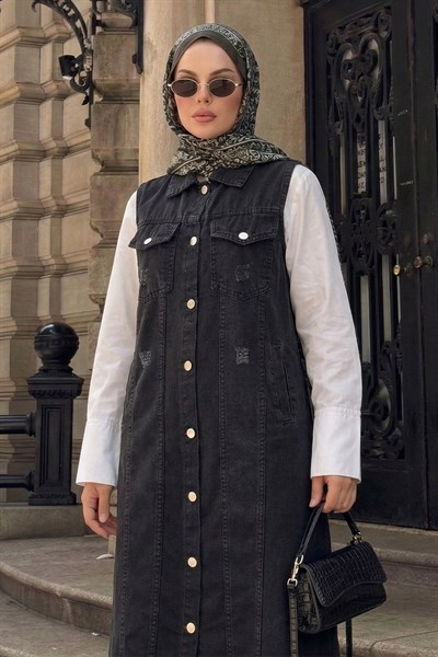 Eskitme Detay Siyah Kot Yelek