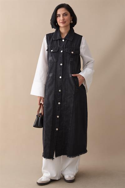 Eskitme Detay Siyah Kot Yelek