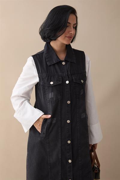 Eskitme Detay Siyah Kot Yelek