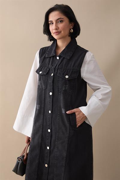 Eskitme Detay Siyah Kot Yelek