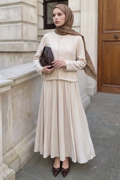 Eteği Dikişli İkili Bej Takım