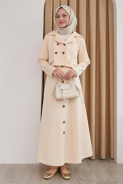 Eteği Düğmeli Krem İkili Takım