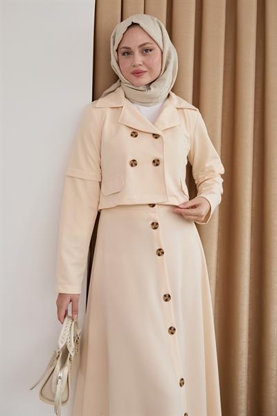Eteği Düğmeli Krem İkili Takım