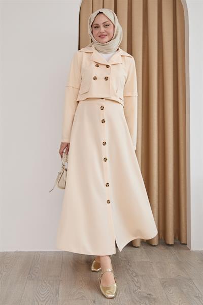 Eteği Düğmeli Krem İkili Takım