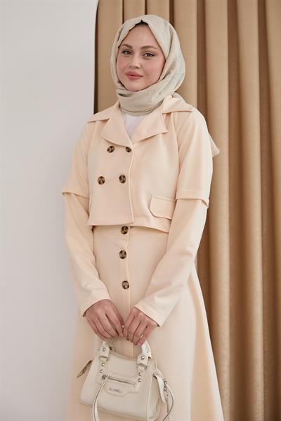 Eteği Düğmeli Krem İkili Takım