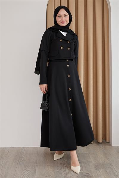 Eteği Düğmeli Siyah İkili Takım