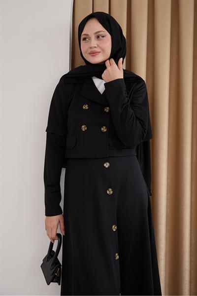 Eteği Düğmeli Siyah İkili Takım