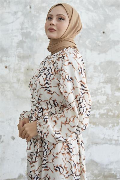 Eteği Fırfır Desenli Kahve Saten Elbise