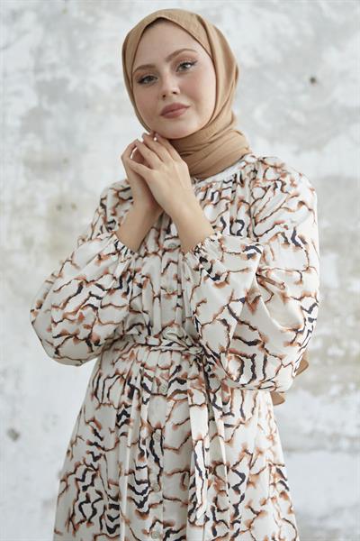 Eteği Fırfır Desenli Kahve Saten Elbise