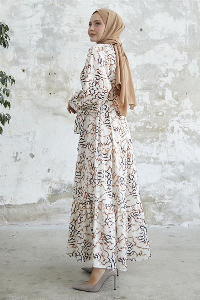 Eteği Fırfır Desenli Kahve Saten Elbise