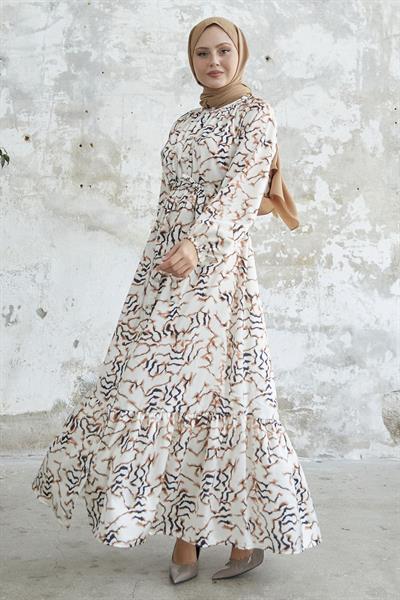 Eteği Fırfır Desenli Kahve Saten Elbise