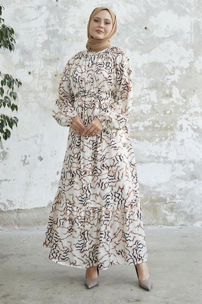 Eteği Fırfır Desenli Kahve Saten Elbise