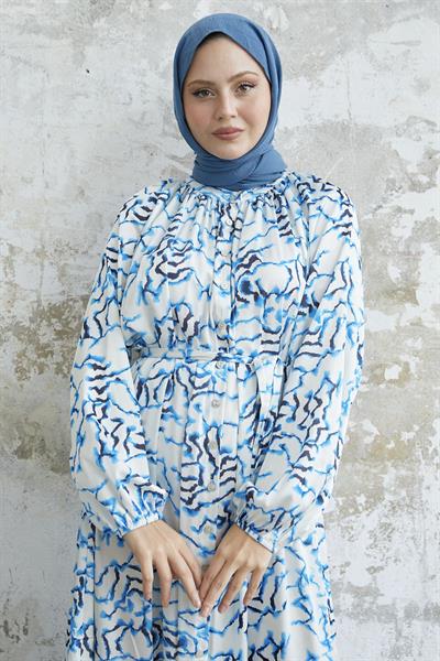 Eteği Fırfır Desenli Mavi Saten Elbise