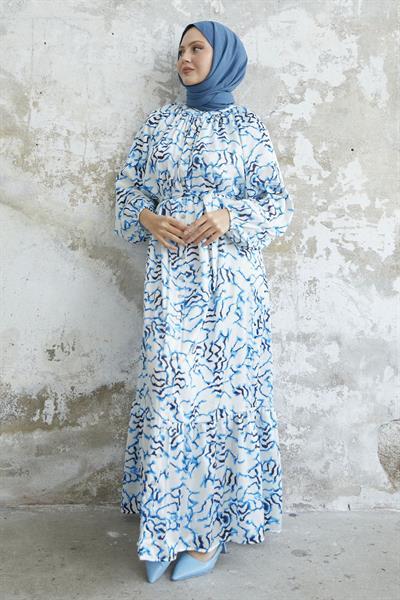 Eteği Fırfır Desenli Mavi Saten Elbise