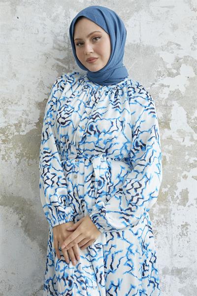 Eteği Fırfır Desenli Mavi Saten Elbise