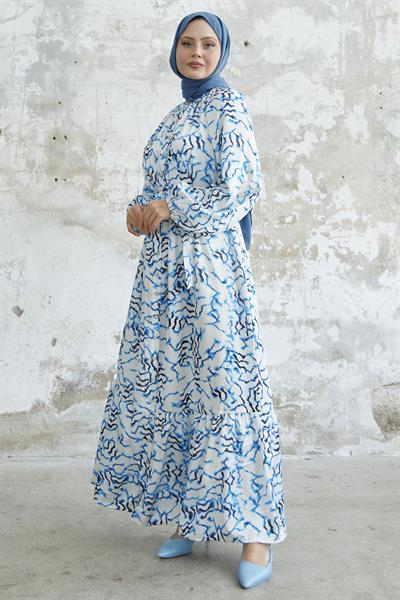 Eteği Fırfır Desenli Mavi Saten Elbise