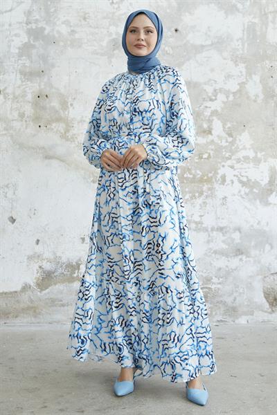 Eteği Fırfır Desenli Mavi Saten Elbise