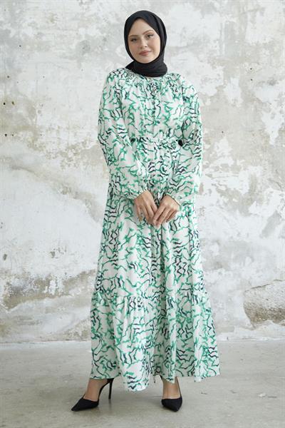 Eteği Fırfır Desenli Yeşil Saten Elbise