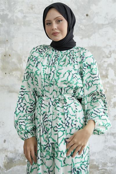 Eteği Fırfır Desenli Yeşil Saten Elbise