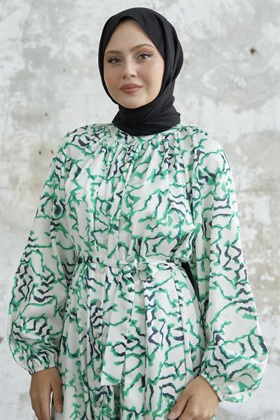 Eteği Fırfır Desenli Yeşil Saten Elbise