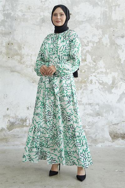 Eteği Fırfır Desenli Yeşil Saten Elbise