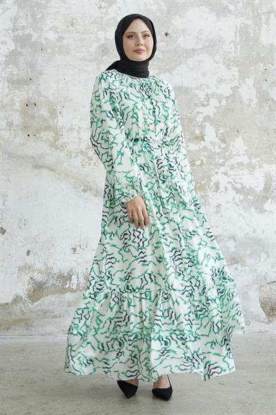 Eteği Fırfır Desenli Yeşil Saten Elbise
