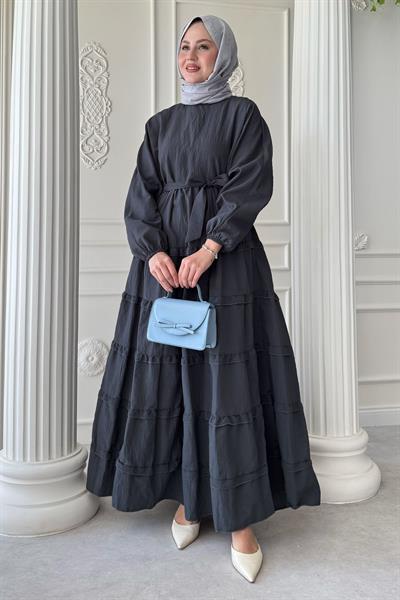 Eteği Kat Fırfır Detay Modal Antrasit Elbise