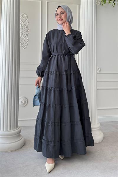Eteği Kat Fırfır Detay Modal Antrasit Elbise