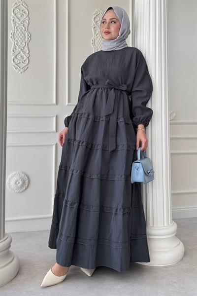 Eteği Kat Fırfır Detay Modal Antrasit Elbise