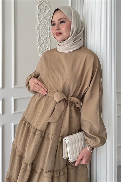Eteği Kat Fırfır Detay Modal Bej Elbise