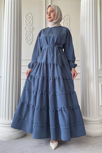 Eteği Kat Fırfır Detay Modal İndigo Elbise