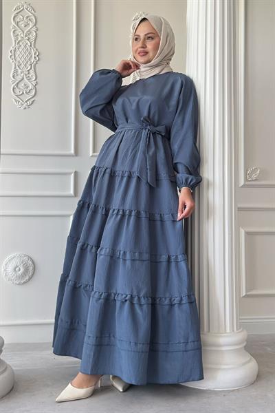 Eteği Kat Fırfır Detay Modal İndigo Elbise