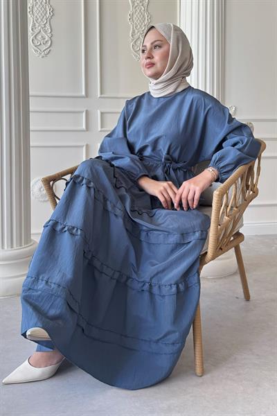 Eteği Kat Fırfır Detay Modal İndigo Elbise