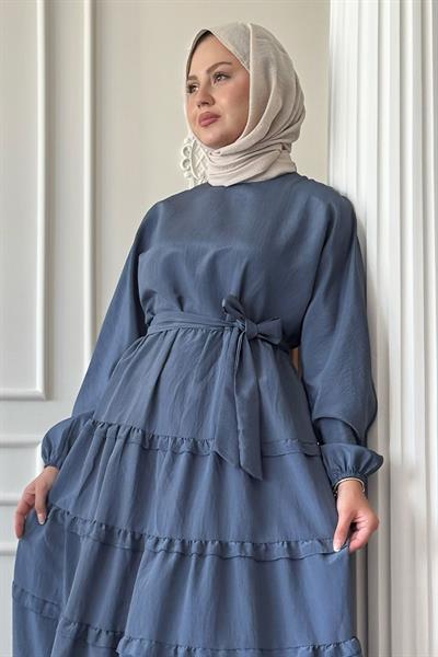 Eteği Kat Fırfır Detay Modal İndigo Elbise