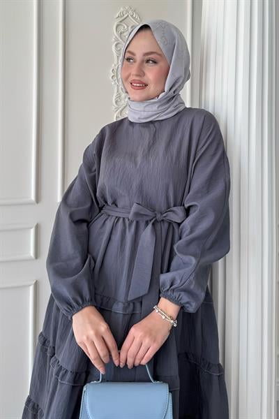 Eteği Kat Fırfır Detay Modal Koyu Gri Elbise