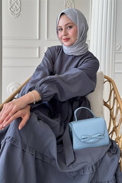 Eteği Kat Fırfır Detay Modal Koyu Gri Elbise