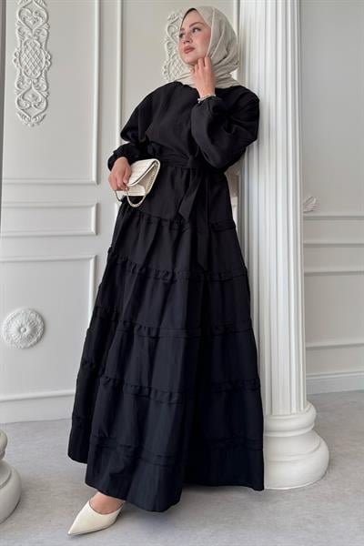 Eteği Kat Fırfır Detay Modal Siyah Elbise