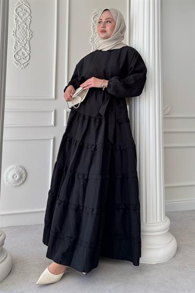 Eteği Kat Fırfır Detay Modal Siyah Elbise