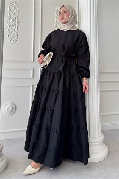 Eteği Kat Fırfır Detay Modal Siyah Elbise