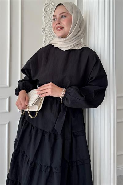 Eteği Kat Fırfır Detay Modal Siyah Elbise