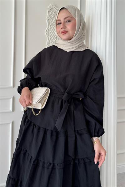 Eteği Kat Fırfır Detay Modal Siyah Elbise