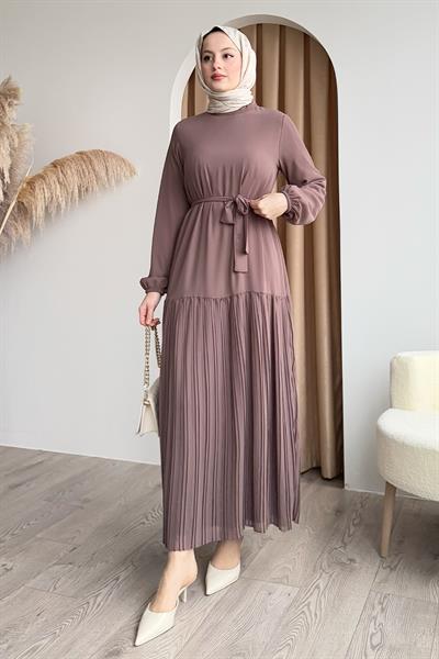 Eteği Piliseli Şifon Gül Kurusu Elbise