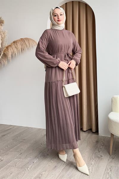 Eteği Piliseli Şifon Gül Kurusu Elbise