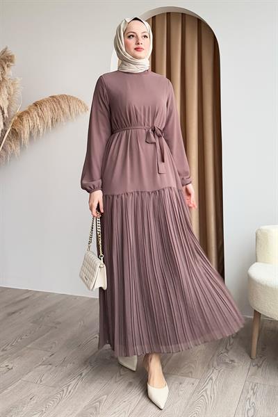 Eteği Piliseli Şifon Gül Kurusu Elbise