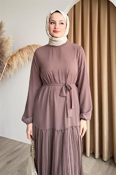 Eteği Piliseli Şifon Gül Kurusu Elbise