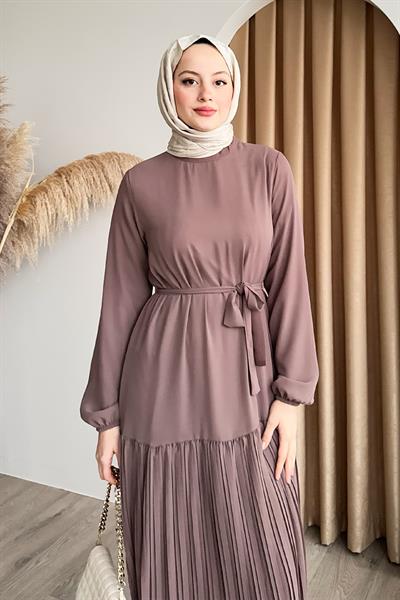 Eteği Piliseli Şifon Gül Kurusu Elbise