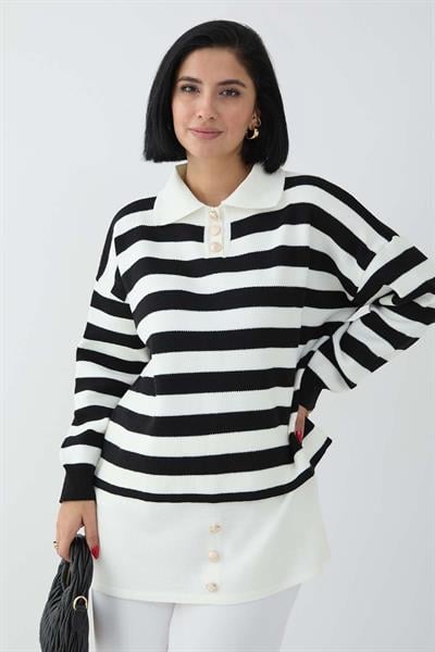 Etek Ucu Düğme Detaylı Siyah Triko Tunik