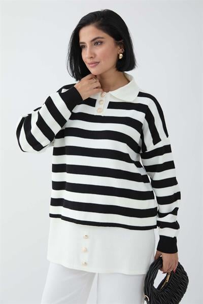 Etek Ucu Düğme Detaylı Siyah Triko Tunik