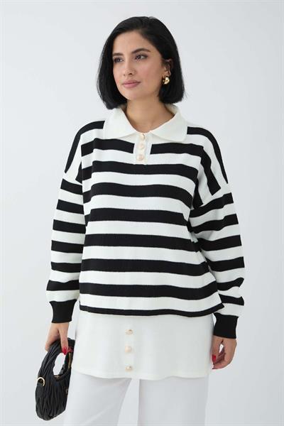 Etek Ucu Düğme Detaylı Siyah Triko Tunik