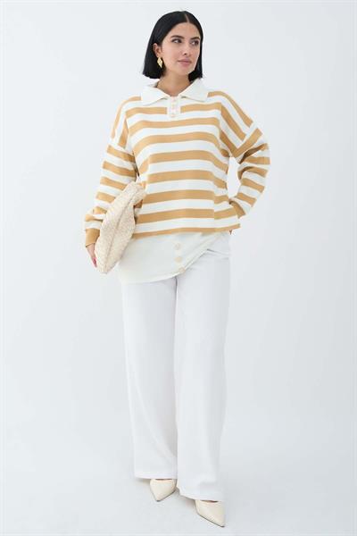 Etek Ucu Düğme Hardal Triko Tunik